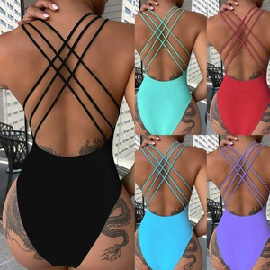 Sexy eendelig badpak met gekruiste rugbandjes in vijf kleuren zoals zwart en rood