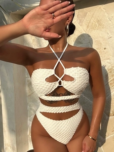 Damen Sexy Off White Bubble Stoff Neckholder Cut-Out Badeanzug Texturiert Hohe Taille Top Und Unterteile Bademode Urlaub
