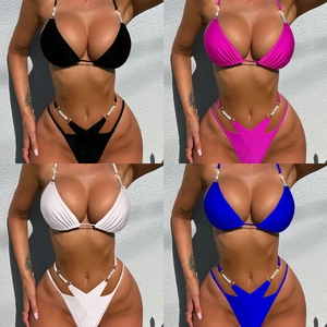 Detail of bikini set with pearl shoulder straps and side cut-outs in four colors