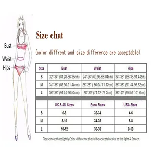 Detailed size chart for printed bikini with bust, waist and hips measurements in cm and inch