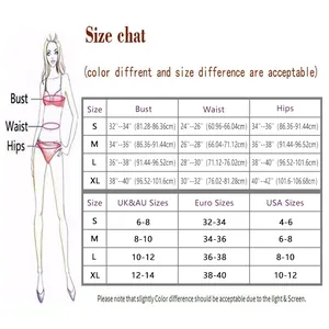 Detailed size guide table for purple polka dot bikini showing S to XL measurements