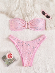 Women Sexy Shiny Sequin Bikini Top And Bottom Set Bandeau Bathing Suit With Metal Ring High Cut Summer Beachwear Swimsuit