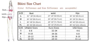 Detailed size chart for sexy tube top bikini with body measurements and size conversion