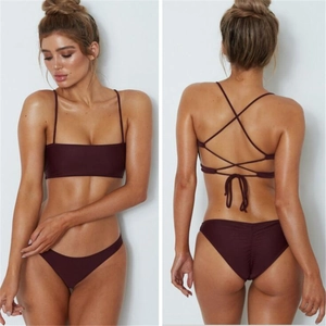 Burgundy two-piece strappy bikini with crossover back design and ruched bikini bottom
