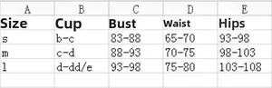 Size chart for red bikini set showing S M L measurements for bust waist and hips