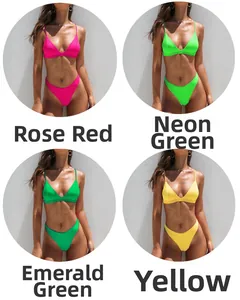 Grid view of bikini sets in rose red, neon green, emerald green, and yellow variants