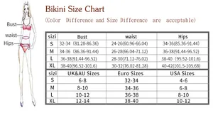 Size guide for blue striped bikini with measurements for S to XL and size conversions