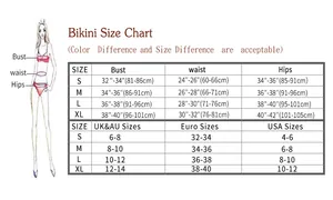 Tableau des tailles détaillé pour bikini montrant les mesures internationales du S au XL