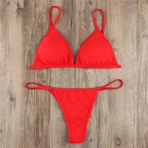 Flat lay of bright red triangle bikini top and high-cut thong on wooden background