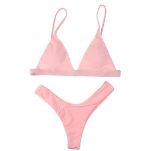 Detailed flat lay of pink triangle bikini set with high cut bottoms and thin straps