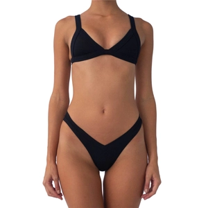 Detail of black ribbed fabric on high-cut V-shaped bikini set and triangular top