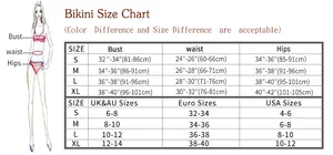 Detailed bikini size chart showing S to XL measurements in inches and centimeters