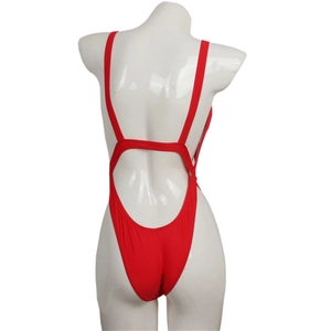 Rear view of vibrant red backless one-piece swimsuit with high cut and wide straps