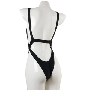 Back view of a black backless one-piece swimsuit with high-cut leg on a mannequin