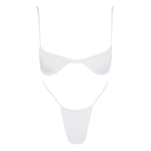 Detailed view of white ribbed bikini set with thin straps and high-cut thong bottom