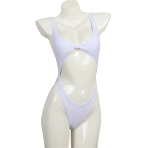 Detailed view of a white one-piece swimsuit featuring front twist and cutout design