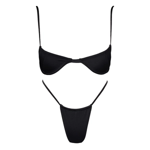 Detail view of black ribbed bikini set with underwire top and matching minimalist bottoms