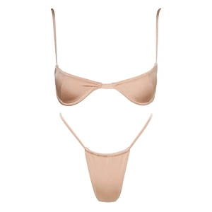 Detail of champagne gold satin bikini set with metallic finish and underwire top