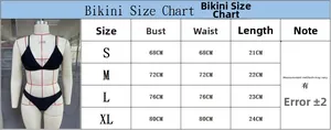 Detailed size chart for two piece bikini swimwear set covering sizes small to extra large