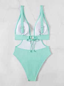 Flat lay of mint green ribbed one-piece swimsuit with waist cut-outs and V-neckline