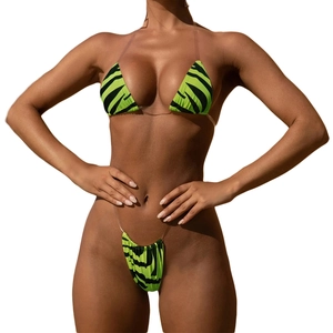 Neon green and black zebra print bikini set with transparent straps and triangle top