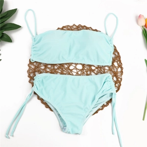 Two-piece light blue plus size high waist bikini set with side drawstring swim bottoms