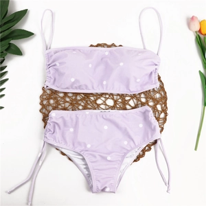 Lavender polka dot high waisted bikini set with bandeau top and side drawstring details