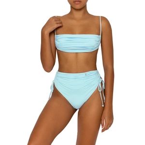 Two-piece light blue high-waisted bikini with ribbed texture and drawstring side details