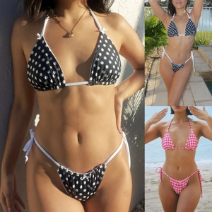 Detail of polka dot and plaid bikini sets featuring halter necks and side-tie bottoms