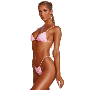 Pink tie-dye bikini set with triangle top and high-cut bottoms for women's beachwear