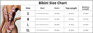 Detailed size chart for women's printed one-piece swimsuit bikini from size S to XL