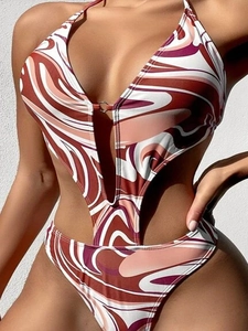 Women Sexy Halter One Piece Swimsuit Marble Print Cut Out Monokini With Metal Ring Deep V Neck Beachwear Bathing Suit