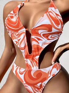 Sexy orange marble print one-piece swimsuit with deep V-neck, neck tie and side cut-outs