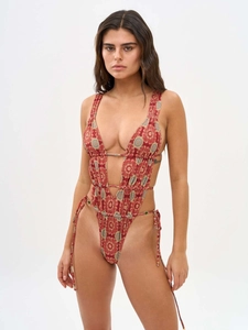 Sexy deep V-neck one-piece swimsuit with vintage mandala print and side cut-outs