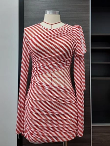 Slim fit red and white striped long sleeve mesh dress with stylish ruching detail