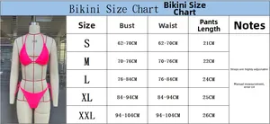 Detailed size chart for pink bikini set with measurements for S to XXL sizes