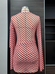 Red and white striped long sleeve mesh ruched bodycon maxi dress back view on mannequin