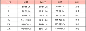 Size guide for two-piece swimwear featuring measurements for S to 3XL with cups A-E