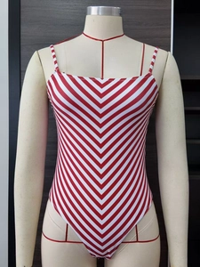 Slim fit red and white V-striped one-piece swimsuit with spaghetti straps for women