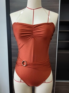 Brick red tube top one-piece swimsuit with ruching detail and metal ring ornament