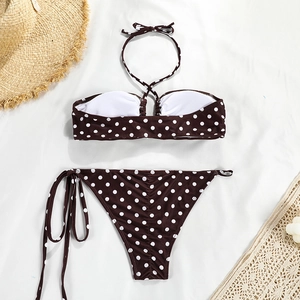 Detail of brown polka dot bikini with side-tie bottoms and beach vacation props