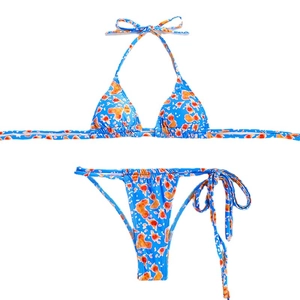 Women's sexy blue floral print bikini set with halter neck top and side-tie bottom