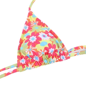 Floral print halter bikini top with colorful patterns and ruffle trim details