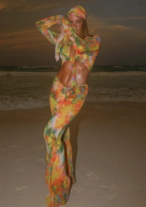 Three-piece bohemian beach set with tie-dye print chiffon top, pants, and headscarf