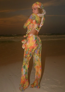 Three-piece beach set featuring colorful tie-dye mesh cardigan, trousers, and headscarf