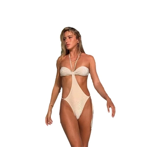 Sexy champagne monokini swimsuit with halter neck design and sparkly glitter fabric