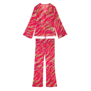 Flat lay of pink leopard print two-piece chiffon set with V-neck top and high waist pants