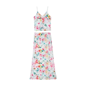 Flat lay of floral mesh two-piece set with V-neck camisole top and A-line long skirt