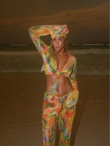 Women Sexy Tie Dye Print Beach Vacation Long Sleeve Crop Top And High Waist Lace Up Pants See Through Chiffon Two Outfits