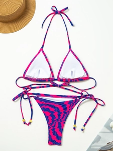 Hot pink and navy blue zebra stripe bikini set with halter top and side tie bottoms